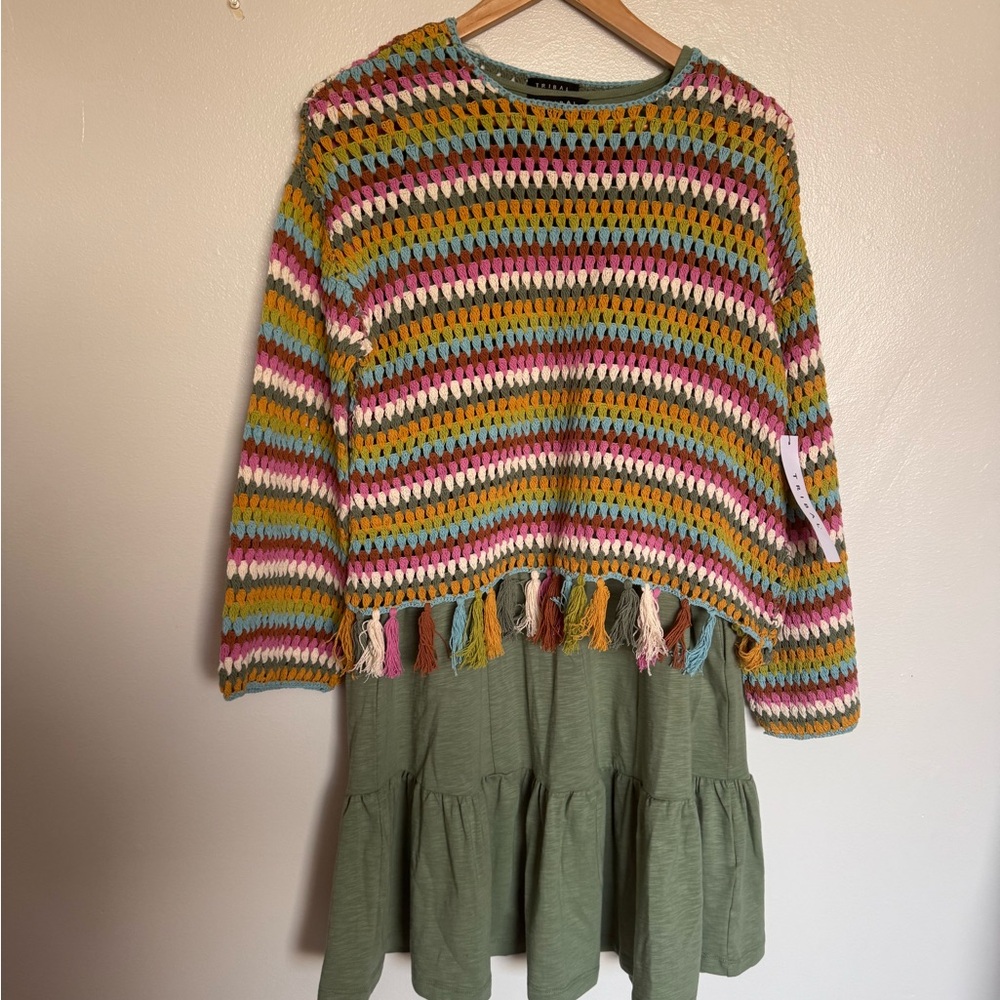 Tribal Multicolor Crochet Stripe Sweater with Tassel Hem